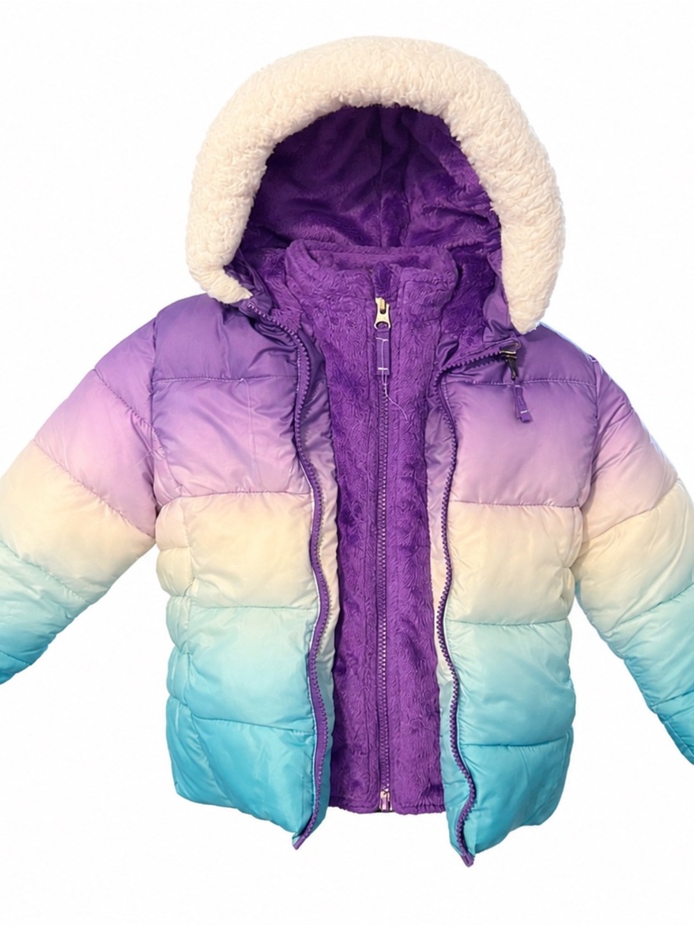 SNOZU Girls 4T Pastel Ombre Purple Aqua Fleece Lined Hooded Puffer Coat